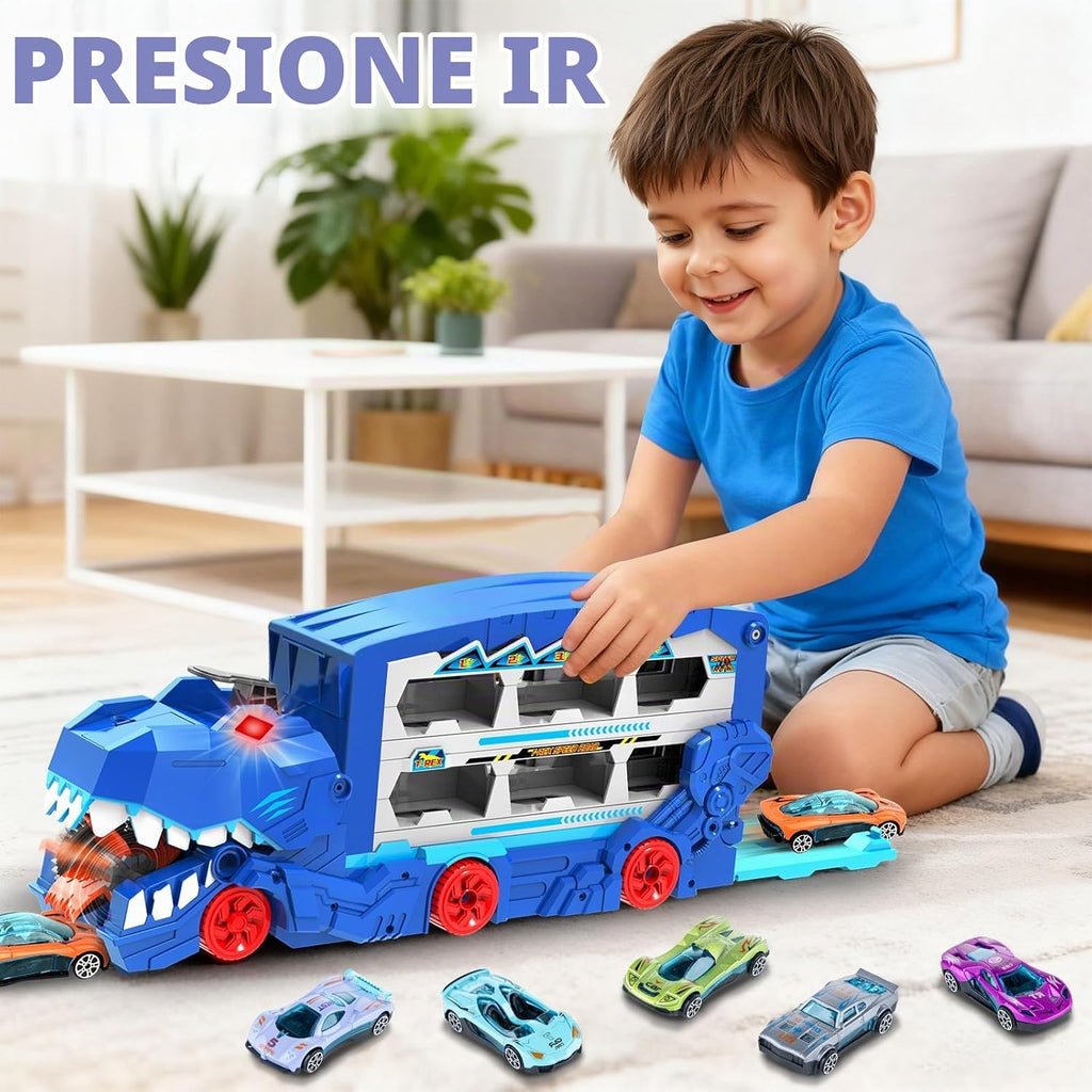 Juego de juguetes de pista de carreras de autos de transporte de dinosaurios para niños con coches de metal fundido a presión