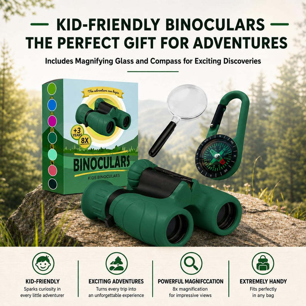 Binoculares para niños – Juguete perfecto para niños pequeños y niñas – Juego extenso que incluye lupa y brújula – Potente aumento 8 x 21 – niños de 3 a 12 años para niños pequeños