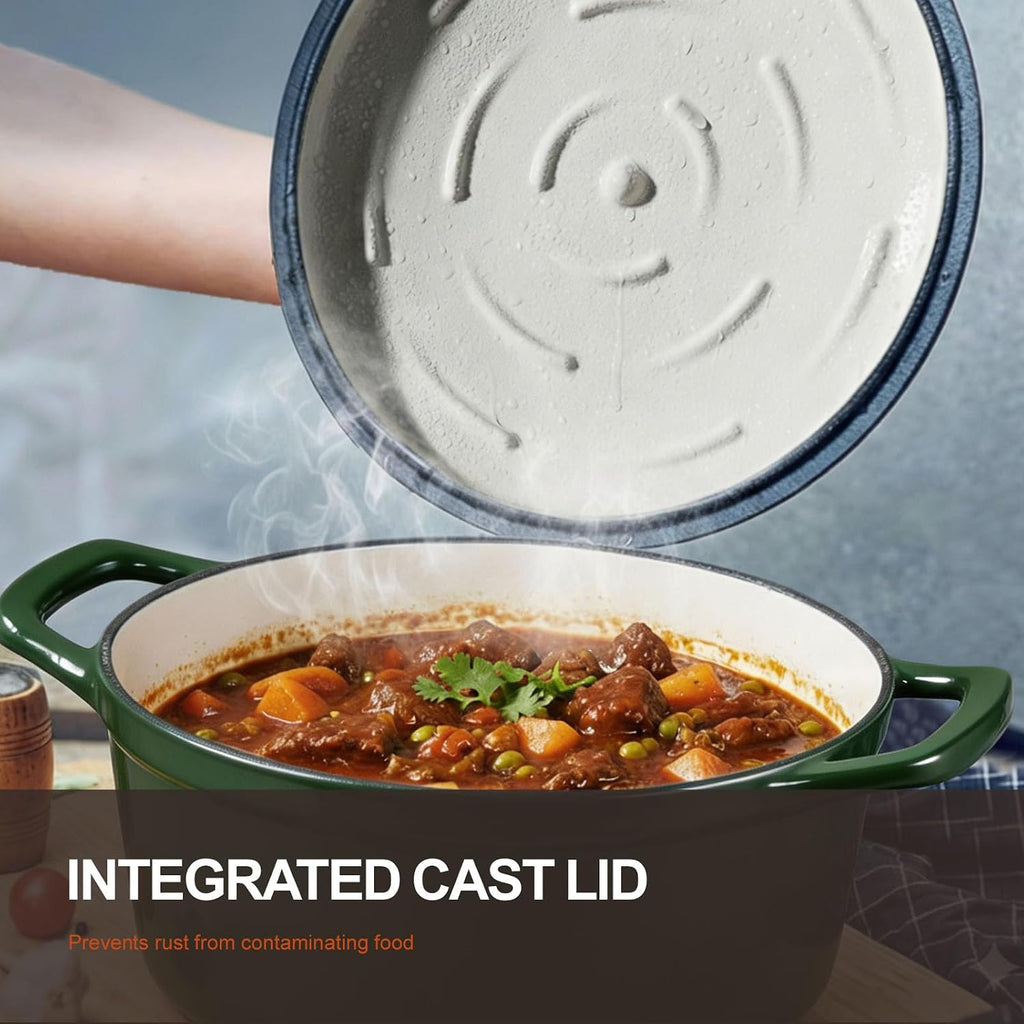 Overmont Horno holandés de hierro fundido esmaltado, olla de 5.5 cuartos de galón con tapa, libro de cocina y agarraderas de algodón, utensilios de cocina resistentes para estofar, guisos, asar