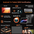Tableta 10 pulgadas Android 16 Tablet, 32GB RAM 128GB ROM, expansión 1TB, Negro