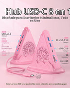 Hub USB C rosa, adaptador multipuerto USB C 8 en 1 con HDMI 4K a 60Hz, carga de energía de 100 W, tipo C de 5 Gbps, 3 USB-A 3.0, ranuras SD/TF e iluminación RGB, concentrador tipo C rosa para MacBook, iPhone17, iPad, XPS (árbol)