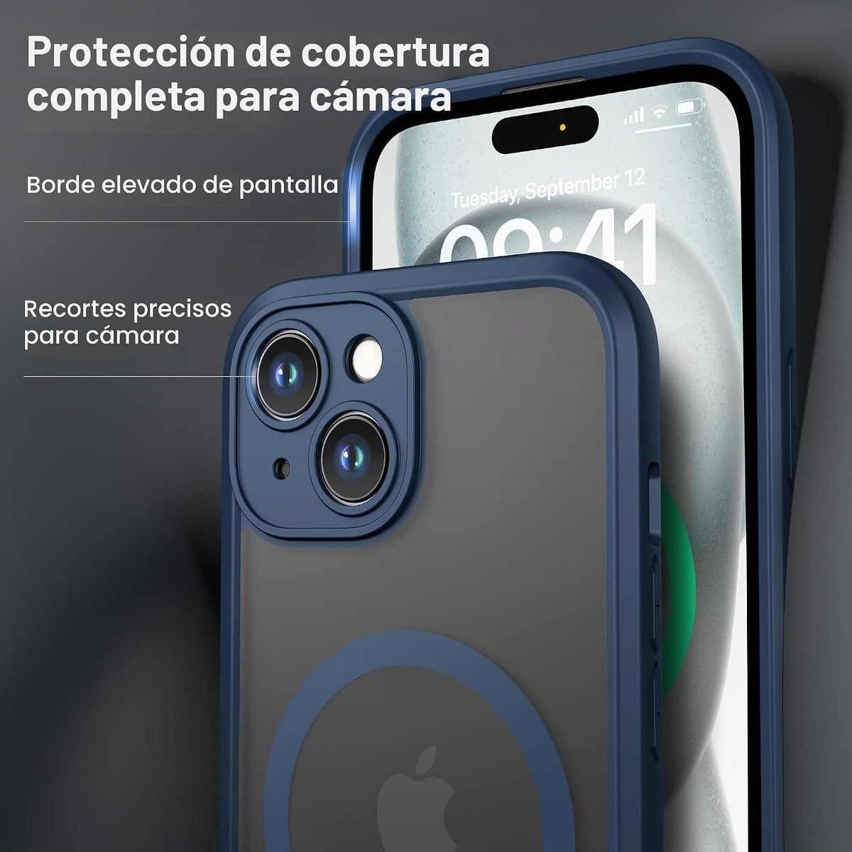 ImpactStrong Protector magnético diseñado para iPhone 15 [protección de cámara] [prueba de caídas de grado militar] [compatible con MagSafe] Funda delgada translúcida mate (6.1 pulgadas), azul marino