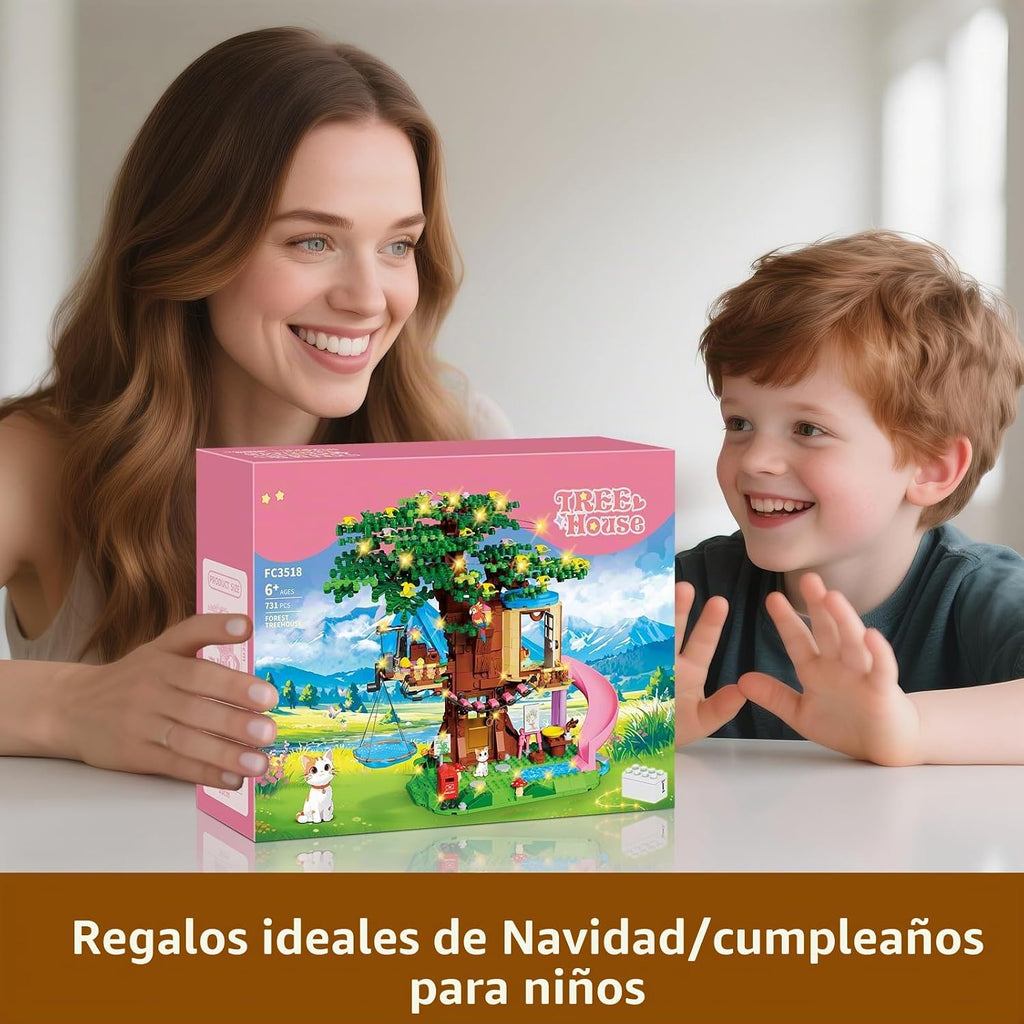 Treehouse - Juego de construcción compatible con amigos, 731 piezas para niñas, kit de construcción de casa de árbol forestal, juguetes con luz LED, gato, tobogán y hamaca de cielo, regalos de cumpleaños de Navidad para niños y niñas de 6 a 12 años