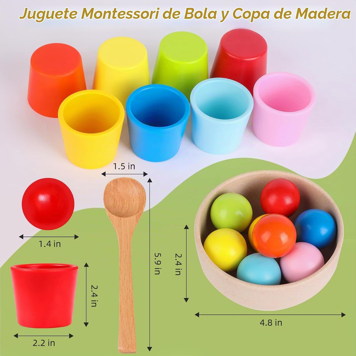 Bolas de arco iris en tazas Montessori Juguetes para niños pequeños (8 bolas, 1.4 pulgadas)