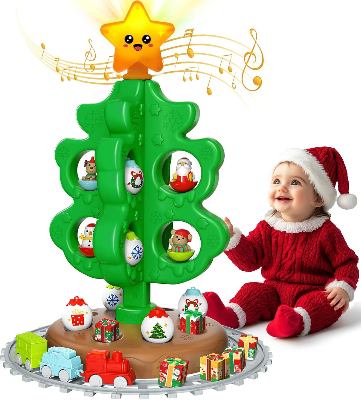 Árbol de Navidad para niños mejorado con estrella en la parte superior con luz, sonido y música, juego de tren de juguete alrededor del árbol para niños de 3 a 5 años, decoración funcional para