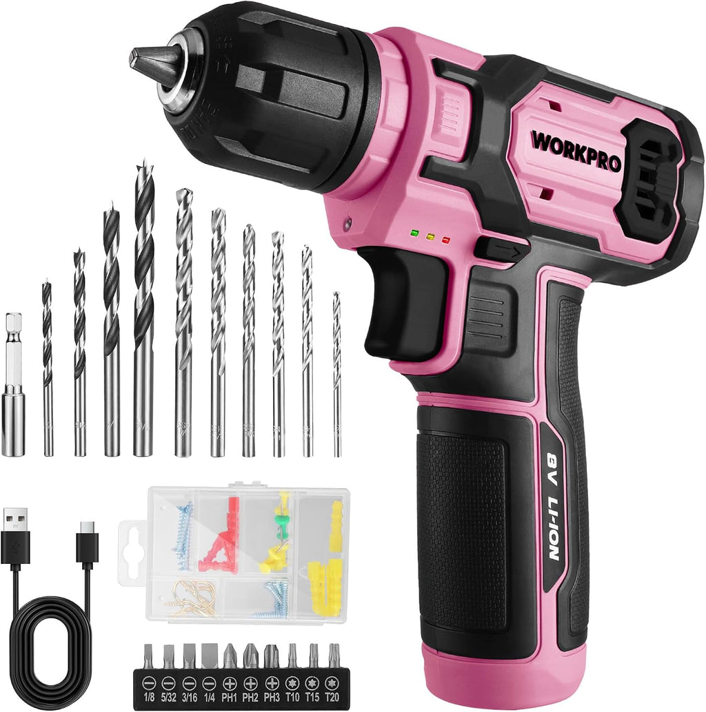 WORKPRO 8V Rosa Set de Taladro Inalámbrico para Mujeres con Juego de Brocas, 54Piezas