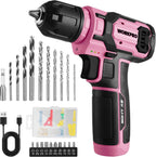 WORKPRO 8V Rosa Set de Taladro Inalámbrico para Mujeres con Juego de Brocas, 54Piezas