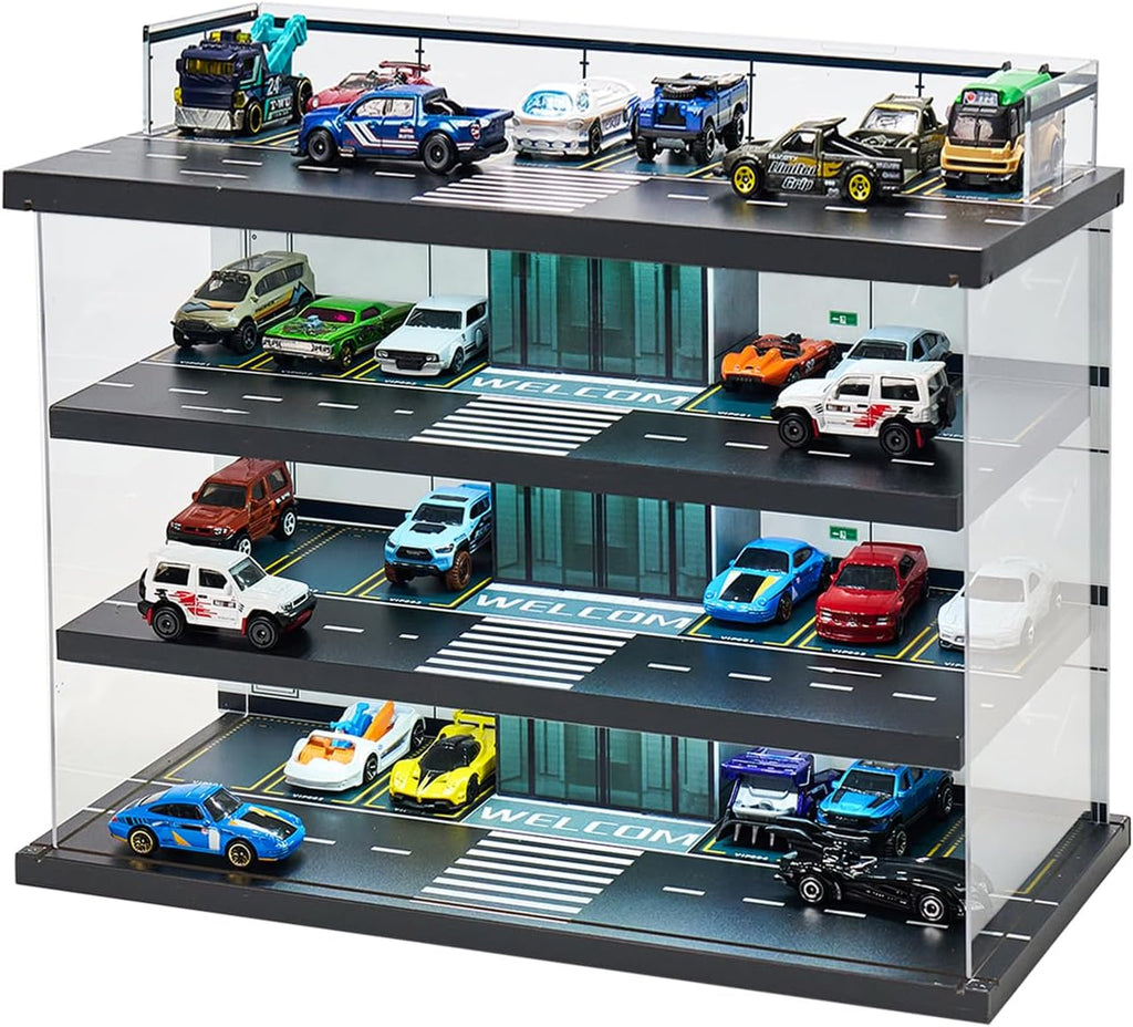 Estuche de exhibición para Hot Wheels Garage y autos Matchbox con luz LED, estuche de almacenamiento para Hot Wheels, diorama de garaje de estacionamiento con 4 niveles, máximo 58 autos a escala 1/64