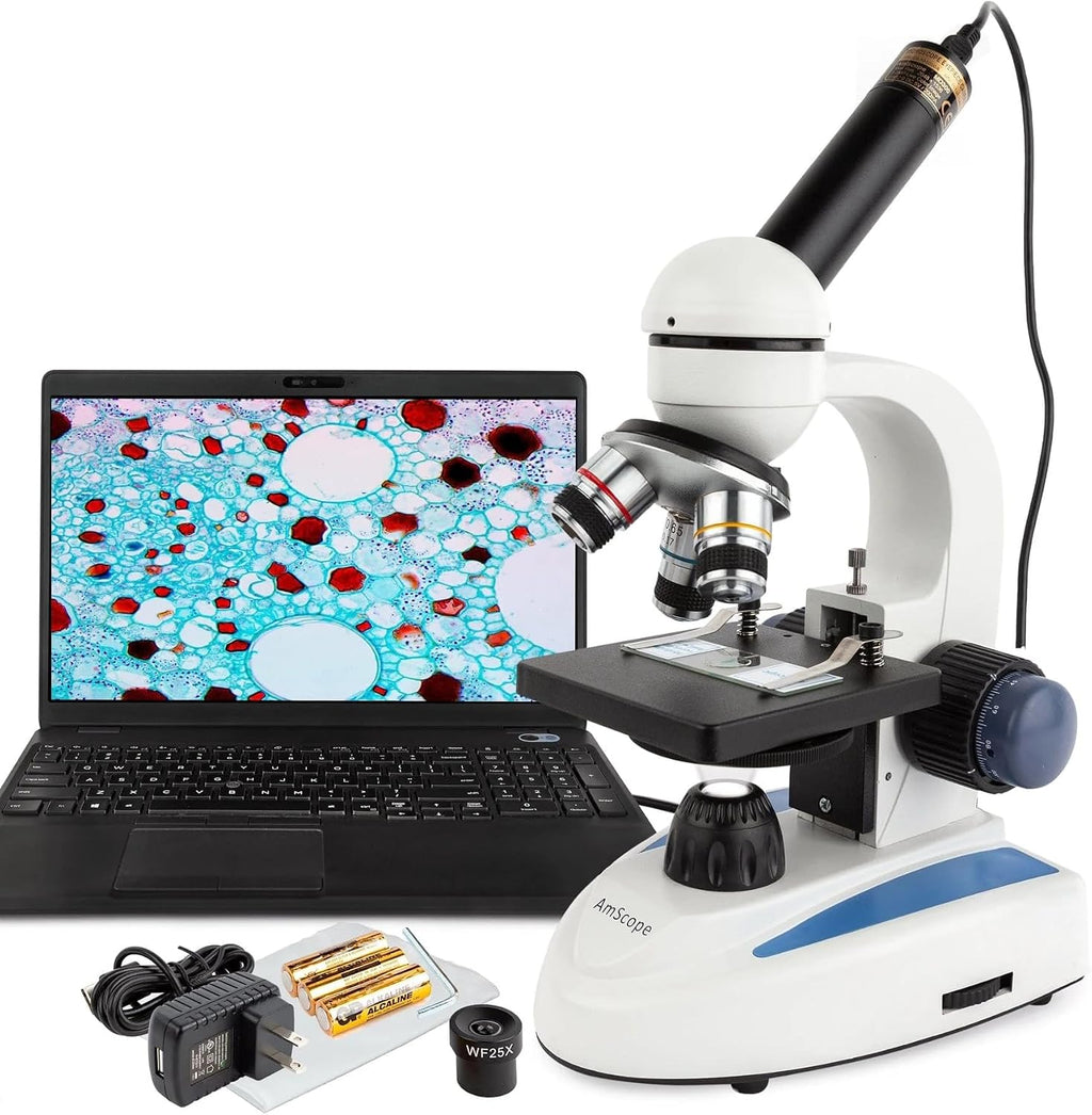 AmScope M158C-E microscopio monocular compuesto, oculares de WF10x y WF25x, aumento de 40x-1000x, campo brillante, iluminación led, etapa Plana, 110 voltios, incluye cámara de 0.3 megapíxeles y software
