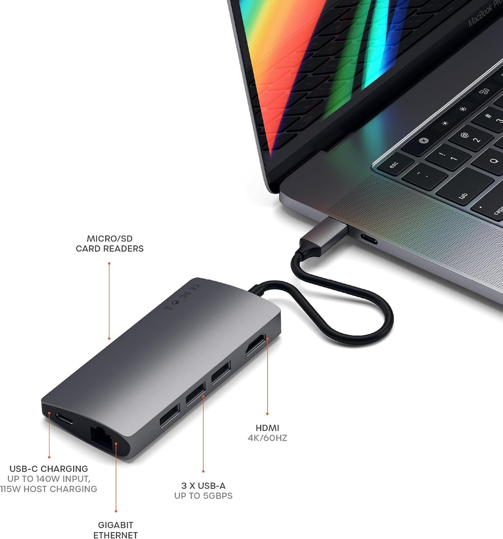 Satechi, Label-Gray, hub USB 4 de 3 puertos, alimentado