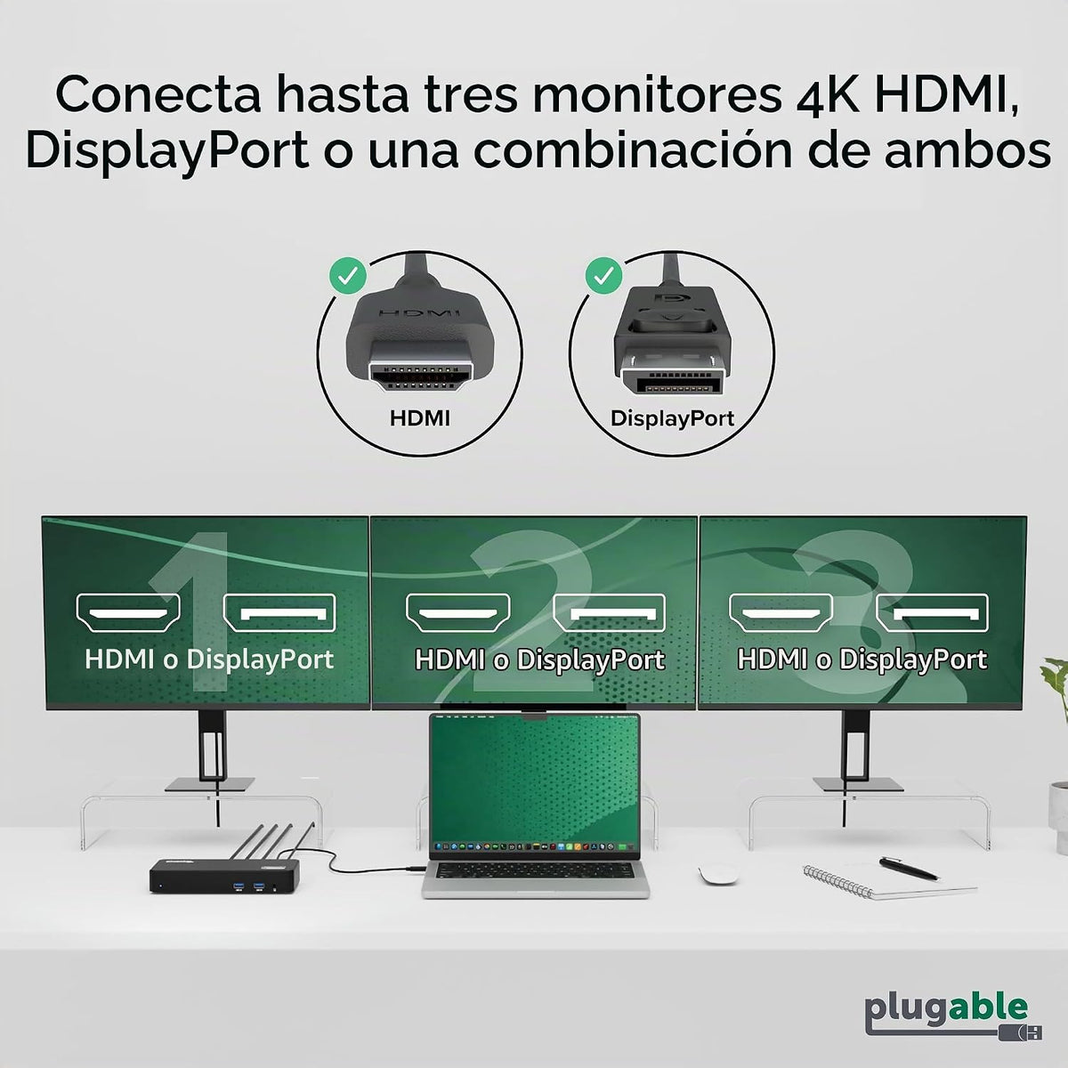 Plugable Estación de acoplamiento para monitor triple USB C 12 en 1, carga