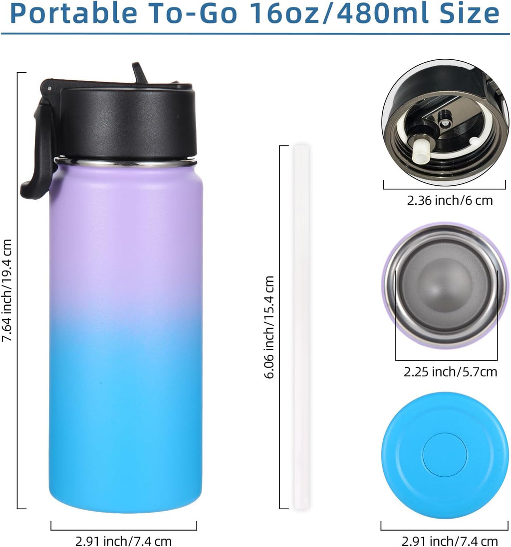 Paquete de 4 botellas de agua para niños de 16 OZ a granel, botellas deportivas aisladas con tapa de pajita, botella de acero inoxidable con asa para mantener el frío, vasos de doble pared