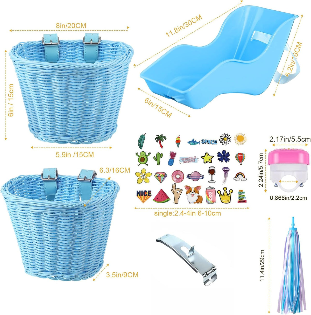 Asiento de bicicleta de muñeca con 30 calcomanías de calcomanías, cesta de bicicleta para niños, manillar de bicicleta, cintas coloridas, borla, margarita, campana de bicicleta para niñas