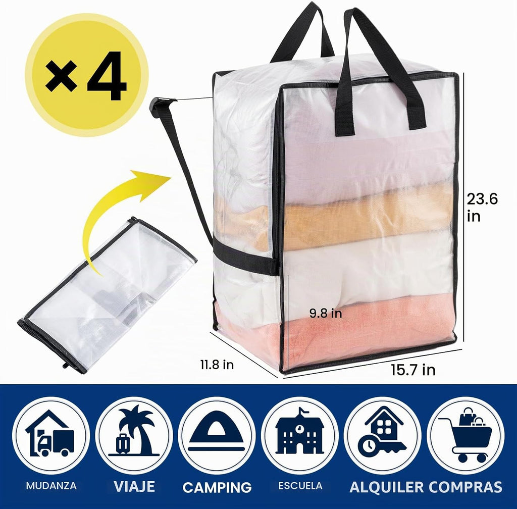 TAILI Paquete de 4 bolsas de mudanza transparentes con correas de mochila ajustables, suministros de mudanza, alternativa de cajas de mudanza, contenedores de almacenamiento resistentes para embalaje