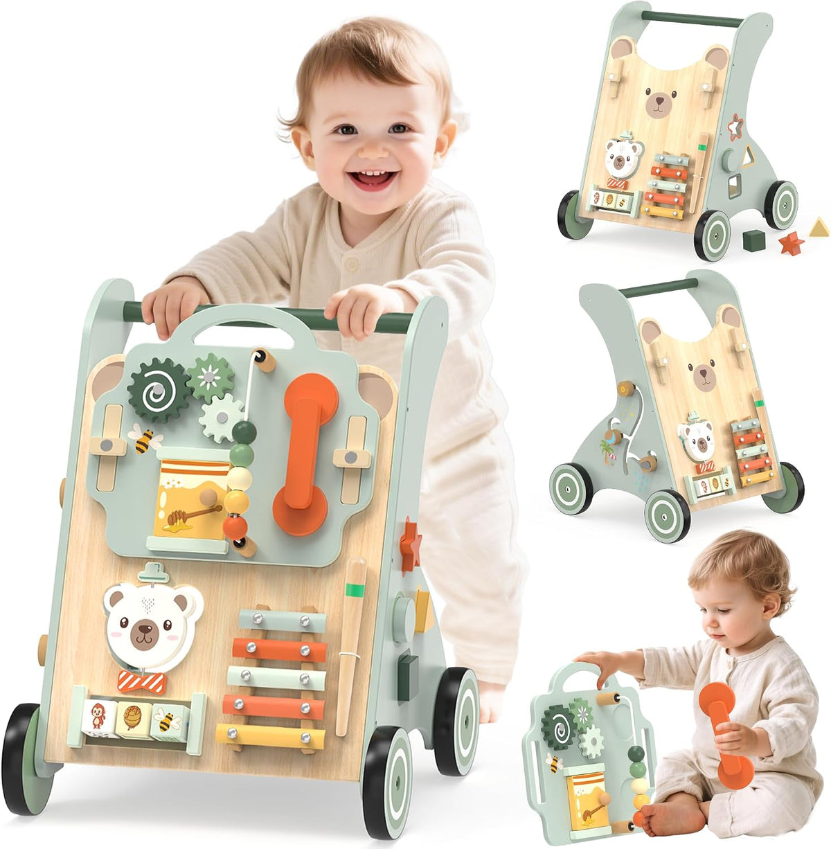 WOODMAM - Andador de empuje para bebés, juguete de aprendizaje de madera para estar sentado a pie para 12 meses