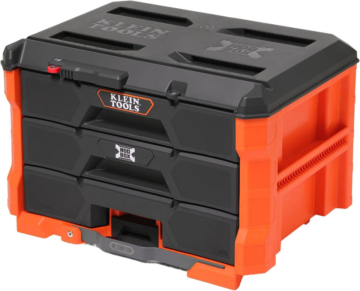 Klein Tools 54823MB MODbox Organizador de caja de herramientas de 3 cajones, almacenamiento de herramientas resistente, módulo apilable, capacidad de 50 libras