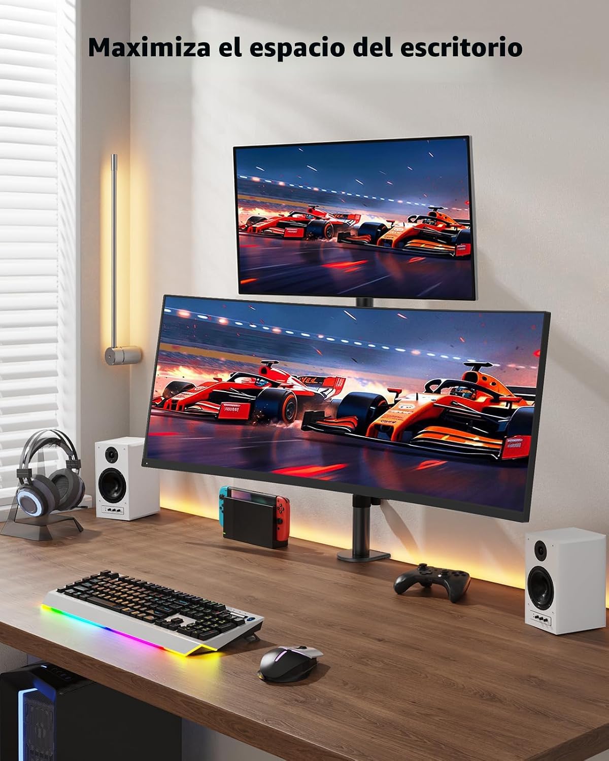 HUANUO Soporte vertical para monitor doble, soporte de monitor apilado para 2 monitores con ajuste de altura, brazo de monitor de computadora soporta dos de 17 a 32 pulgadas con abrazadera C, cada