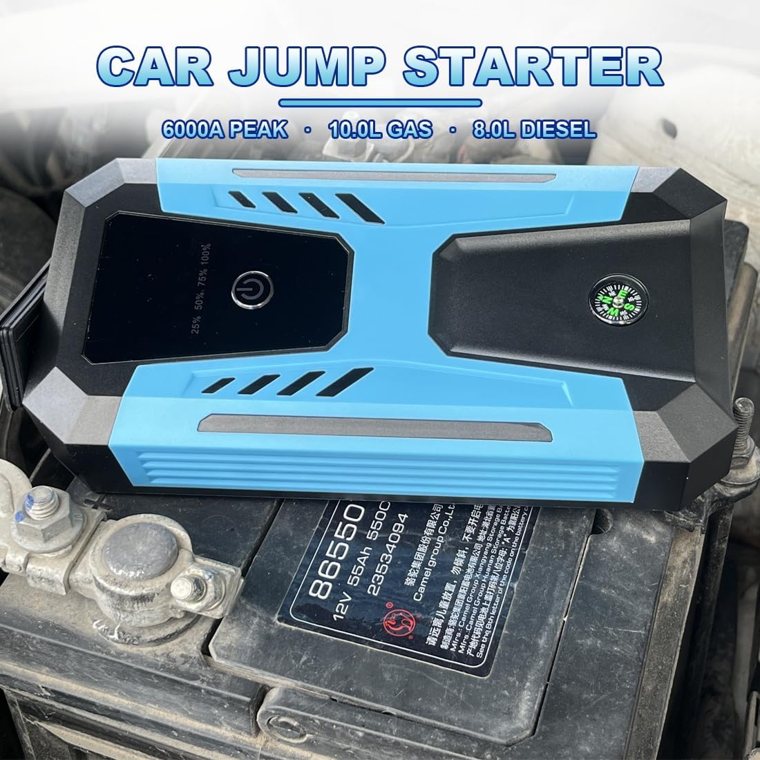 Arrancador de salto de 12 V para 10.0L Gas/8.0L Diesel, 6000A pico de batería de coche arrancador portátil, IP66 impermeable caja de salto con luz de emergencia y estuche de almacenamiento
