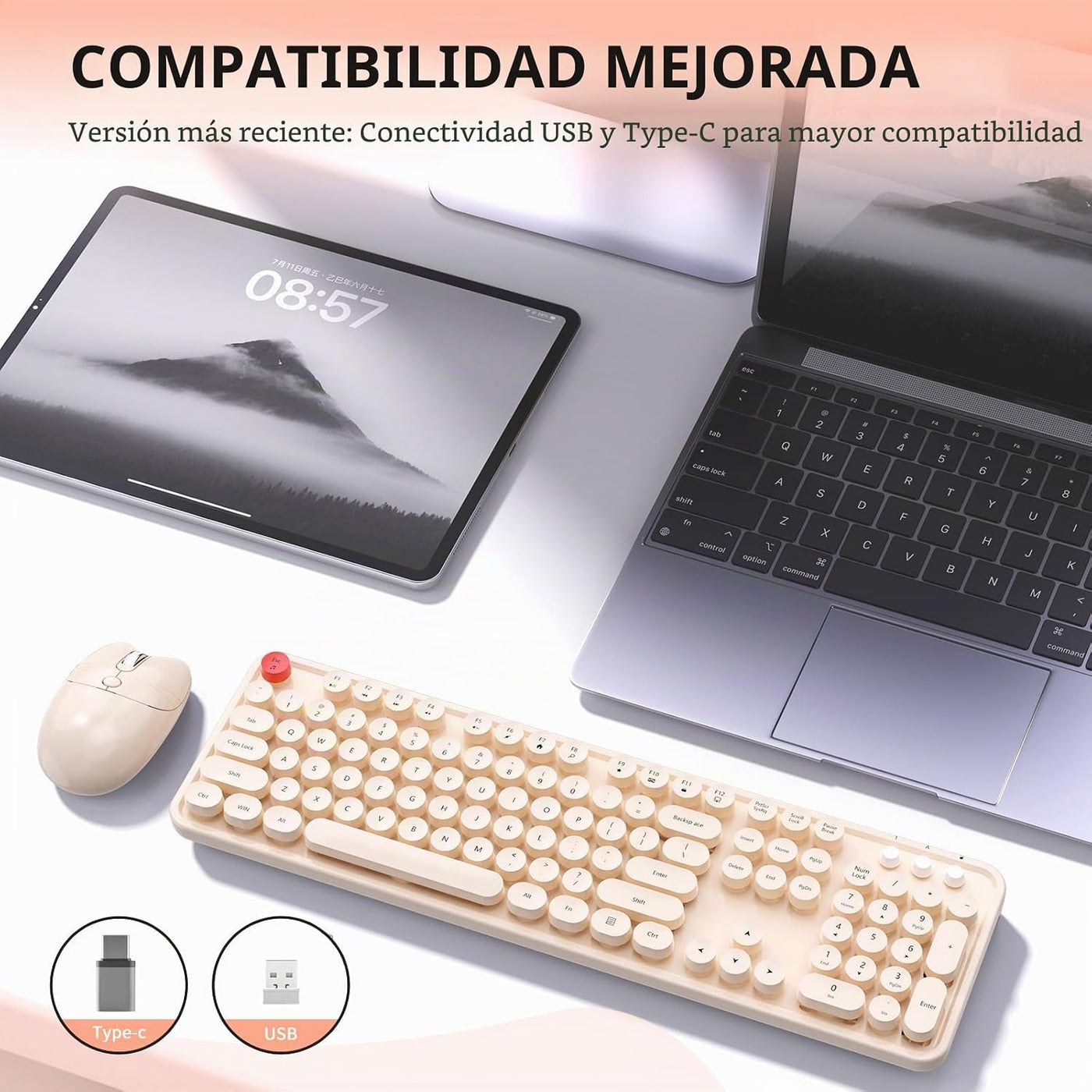 Teclado y mouse inalámbricos, 104 teclas redondas MOFII máquina de...