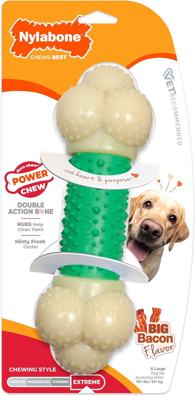Juguete duro, masticable, con sabor a tocino, de Nylabone, hueso para masticar de doble acción, para perro, Verde