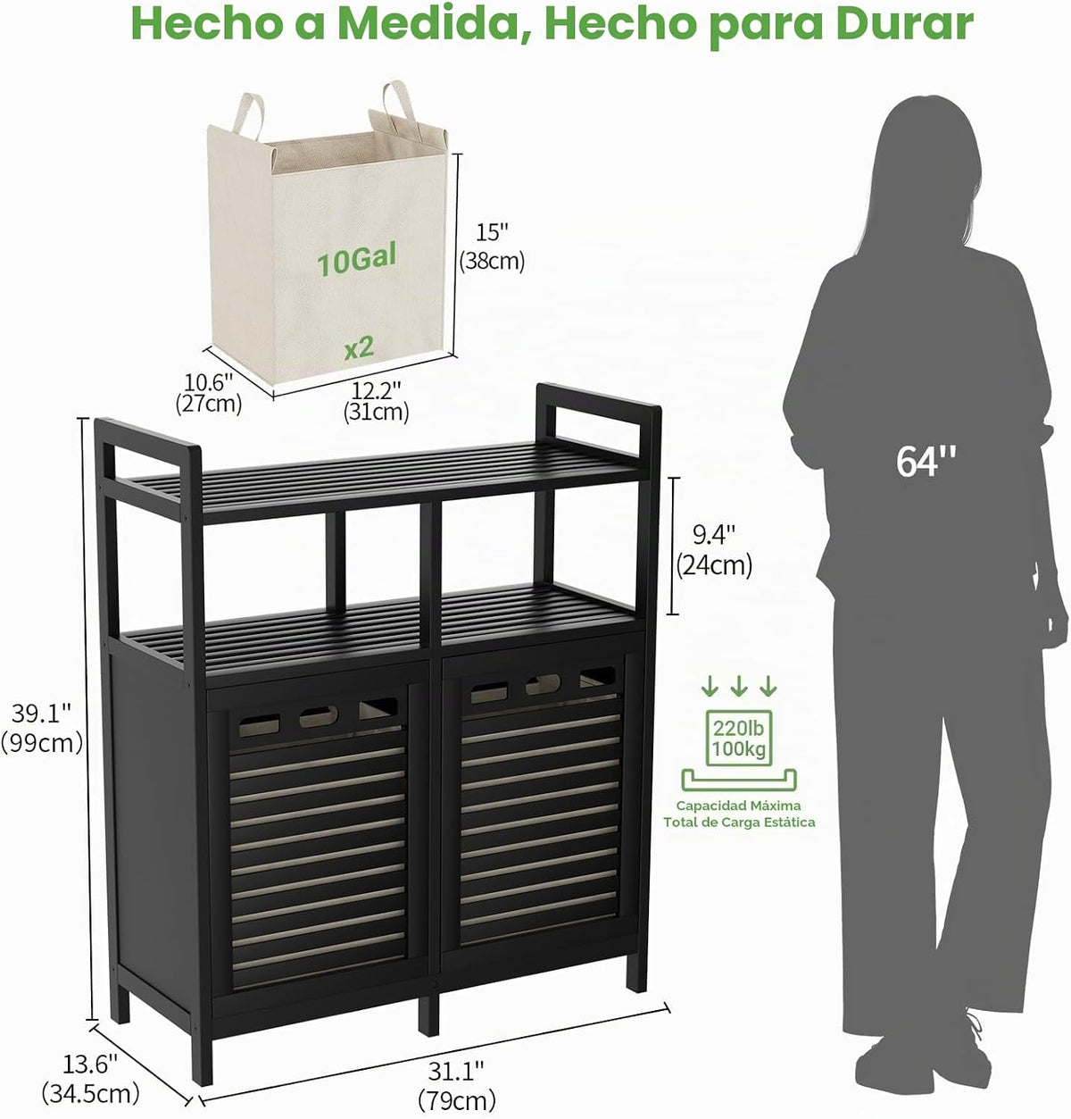 Gabinete de bambú con doble inclinación hacia fuera con 2 bolsas