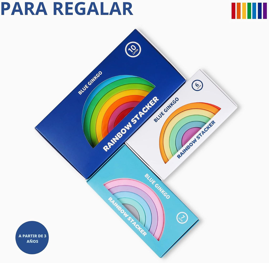 BLUE GINKGO - Rompecabezas de silicona de arco iris | Juego de anidación Montessori | Juguetes sensoriales apilables para niños y niños pequeños – 10 capas (Vibrante)
