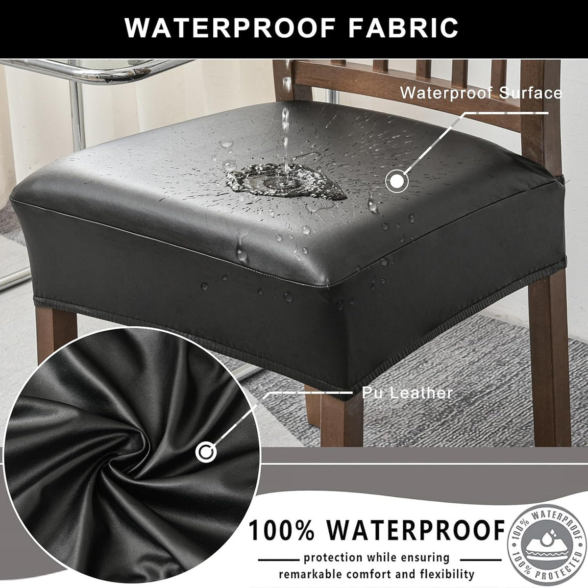 Fundas impermeables para sillas de comedor, juego de 4, fundas de 21 pulgadas de cuero sintético para sillas de comedor, extraíbles y lavables, fundas protectoras para la parte trasera