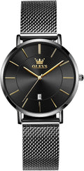 OLEVS Reloj de pulsera de malla para mujer, elegante cara grande de tres manecillas analógicas de cuarzo, reloj de pulsera femenino elegante y delgado con pantalla de fecha impermeable, relojes para