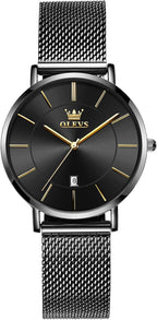 OLEVS Reloj de pulsera de malla para mujer, elegante cara grande de tres manecillas analógicas de cuarzo, reloj de pulsera femenino elegante y delgado con pantalla de fecha impermeable, relojes para