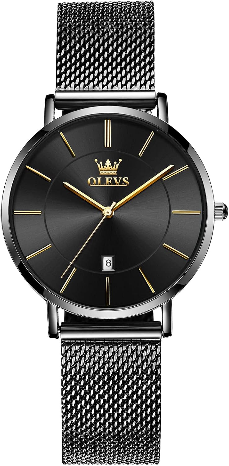 OLEVS Reloj de pulsera de malla para mujer, elegante cara grande de tres manecillas analógicas de cuarzo, reloj de pulsera femenino elegante y delgado con pantalla de fecha impermeable, relojes para