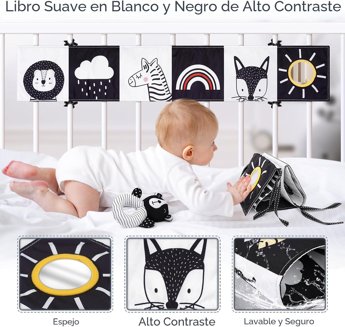 Joyreal Juguetes sensoriales de alto contraste para recién nacidos, juguetes sensoriales para bebés en blanco y negro con juguetes para asiento de automóvil, juguetes infantiles con libro de tarjetas