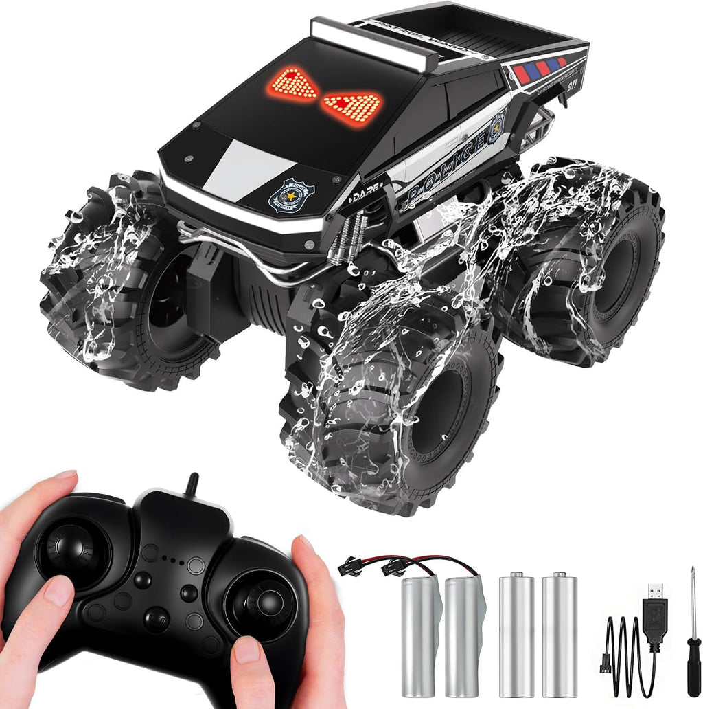 Coche de control remoto de policía con ojos dinámicos LED, autos RC anfibios 1:18, camioneta todo terreno 4WD, camión cibernético impermeable de 2.4 GHz, camión monstruo giratorio de 360°, juguetes