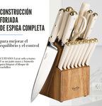 Martha Stewart Lockton - Juego de 16 cuchillos de chef de acero inoxidable de alto carbono forjados, bloque de madera de acacia, asas triples remachadas, lino blanco y dorado