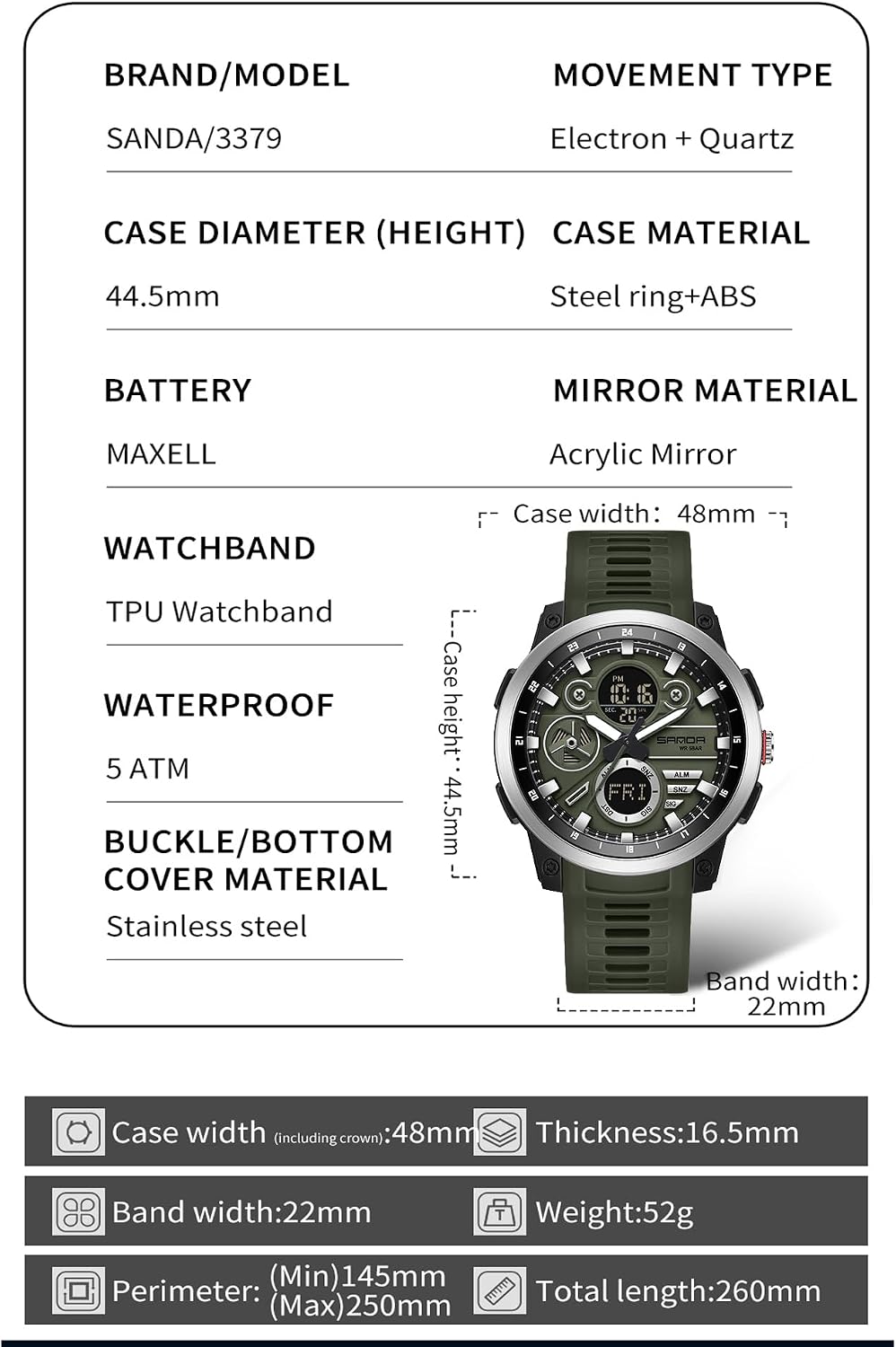 Reloj deportivo con caja de acero inoxidable para hombre, reloj militar, cronómetro LED para exteriores, digital, electrónico, grande, pantalla dual, impermeable, táctico, reloj de pulsera para