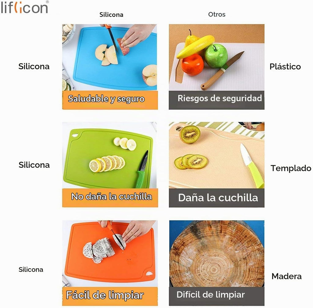 Juego de 3 alfombrillas gruesas de silicona para tablas de cortar, diseño plegable y flexible, ranuras para jugos, mango de fácil agarre, apto para lavavajillas, para cocina, sin BPA, azul