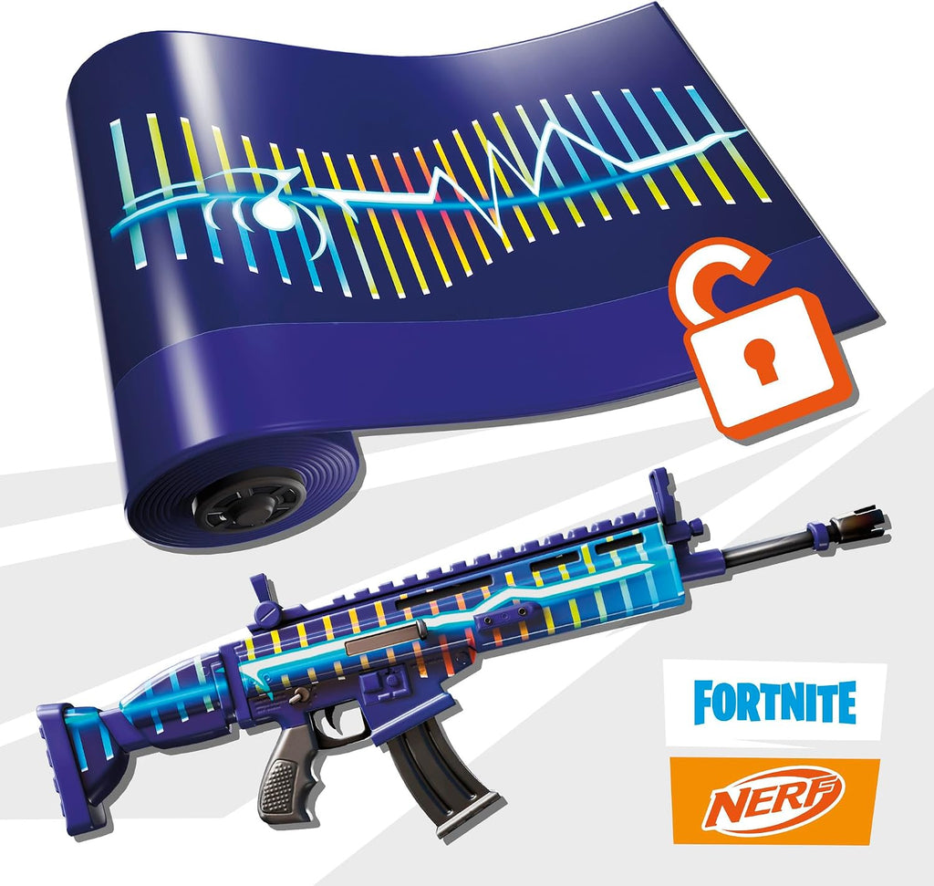 Nerf Fortnite Blue Shock Blaster, cargador de 10 dardos, 10 dardos Nerf Elite, incluye código de bonificación para desbloquear The Beat Wrap en el juego, lanzador de dardos motorizado