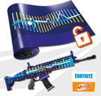 Nerf Fortnite Blue Shock Blaster, cargador de 10 dardos, 10 dardos Nerf Elite, incluye código de bonificación para desbloquear The Beat Wrap en el juego, lanzador de dardos motorizado