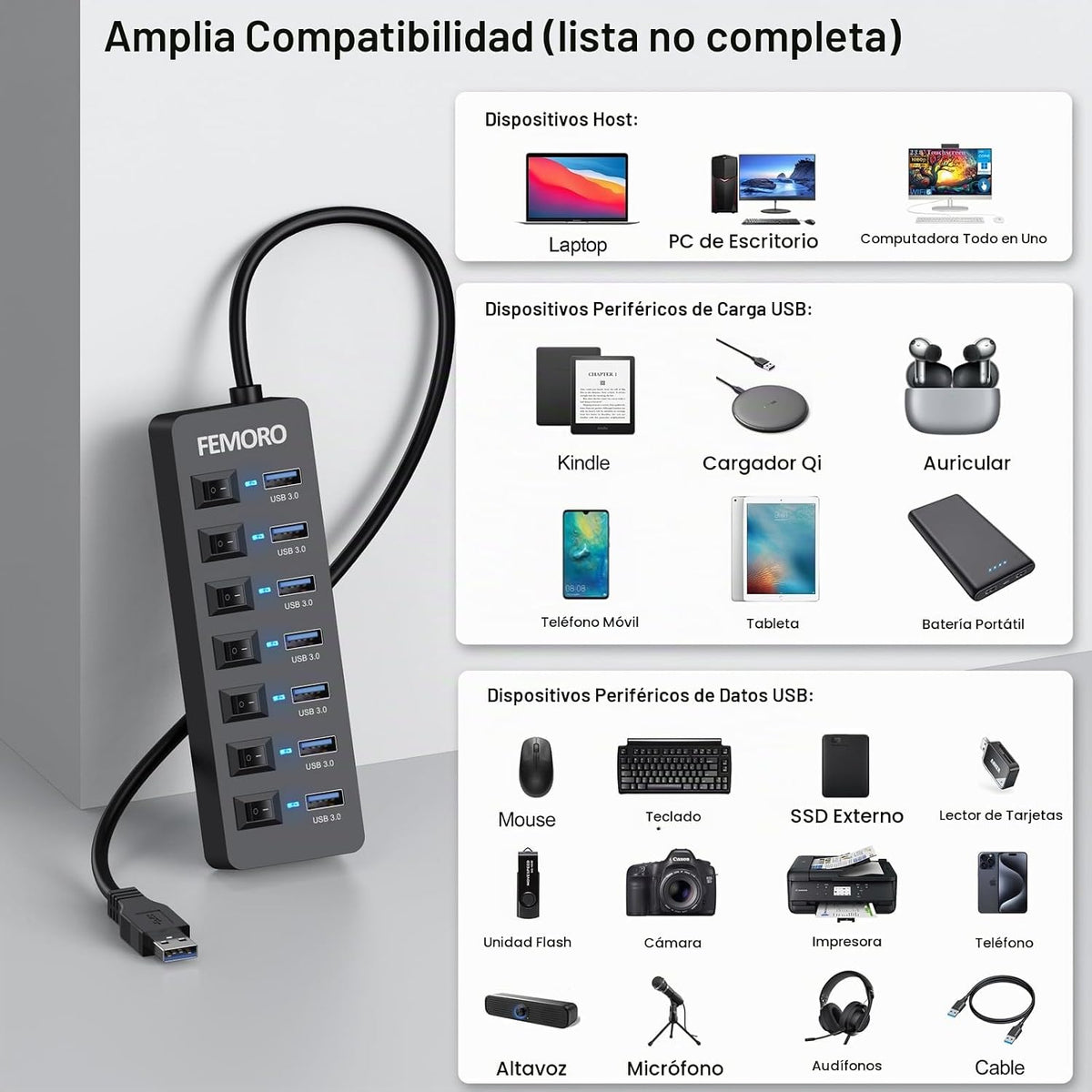 FEMORO, FE033-D1, hub USB 3.0 de 7 puertos, alimentado, adaptador 5V/3A