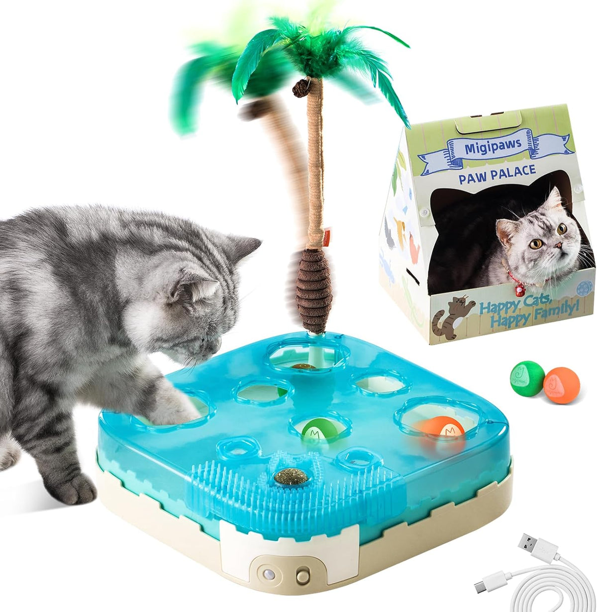 Migipaws Juguete Interactivo 7 en 1 para Gatos Activado por Movimiento Conjunto de Juego para Interiores con Pelota de Gato de Rebote Automático Pop, Varita de Árbol de Palmera con Plumas, Pelota de