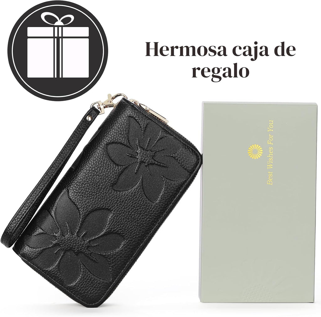 GOIACII Cartera de mujer de gran capacidad con doble cremallera, tarjetero y soporte para teléfono, con bloqueo RFID, de cuero con correa, negro (A01 Black), Casual