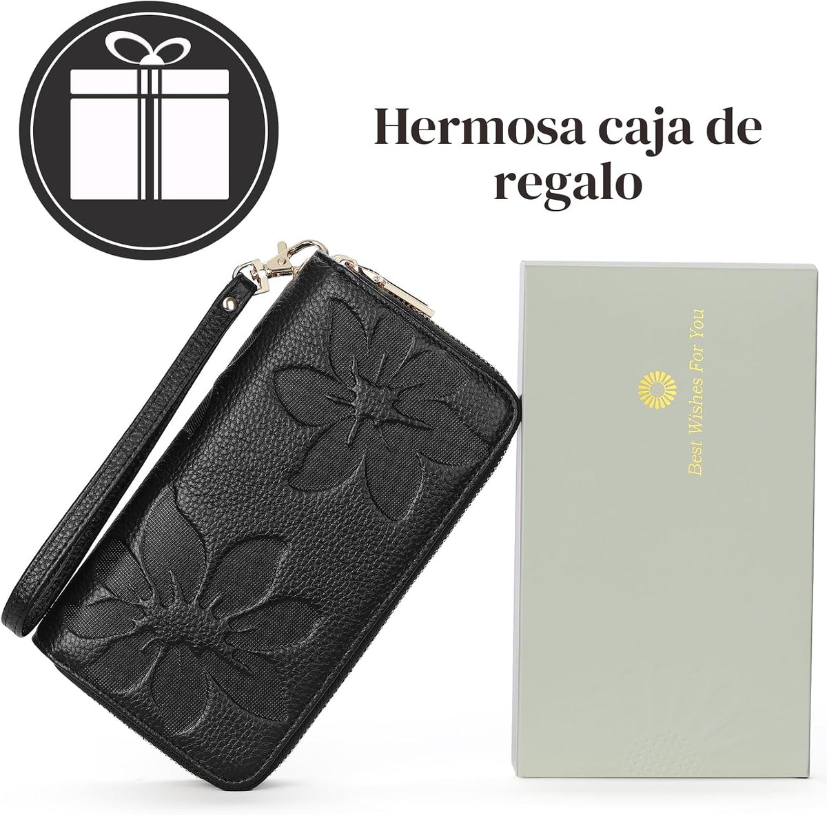 GOIACII Cartera de mujer de gran capacidad con doble cremallera, tarjetero y soporte para teléfono, con bloqueo RFID, de cuero con correa, negro (A01 Black), Casual