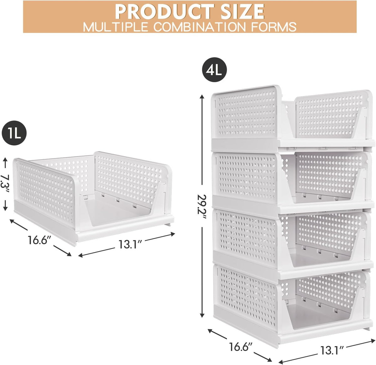 Paquete de 4 Canastas Apilables para Almacenamiento en Closet - Contenedores de Almacenamiento Apilables