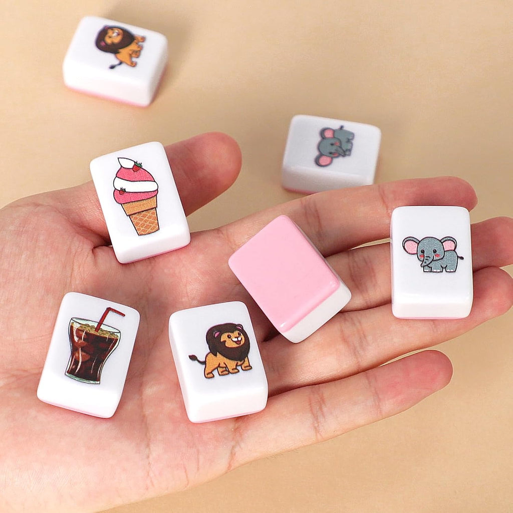 GRACIAS Juego de Mahjong de 2 jugadores, juego de fichas de Mahjong con 50 fichas rosas premium (30mm) con patrón de animales y alimentos, juego de Mahjong portátil con una bolsa de transporte