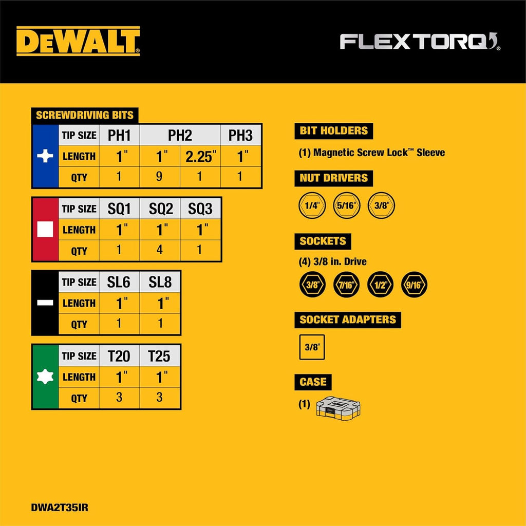 DEWALT Juego de puntas para destornillador, juego de puntas para atornillador de impacto, FlexTorq, 35 piezas (DWA2T35IR)
