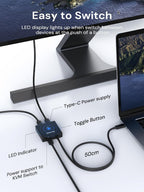 Interruptor USB C, conmutador bidireccional 1 en 2 salidas/2 en 1 salida, interruptor USB con 4K @60Hz, velocidad de transferencia de 10 Gbps, carga PD de 100 W, incluye dos cables USB-C de