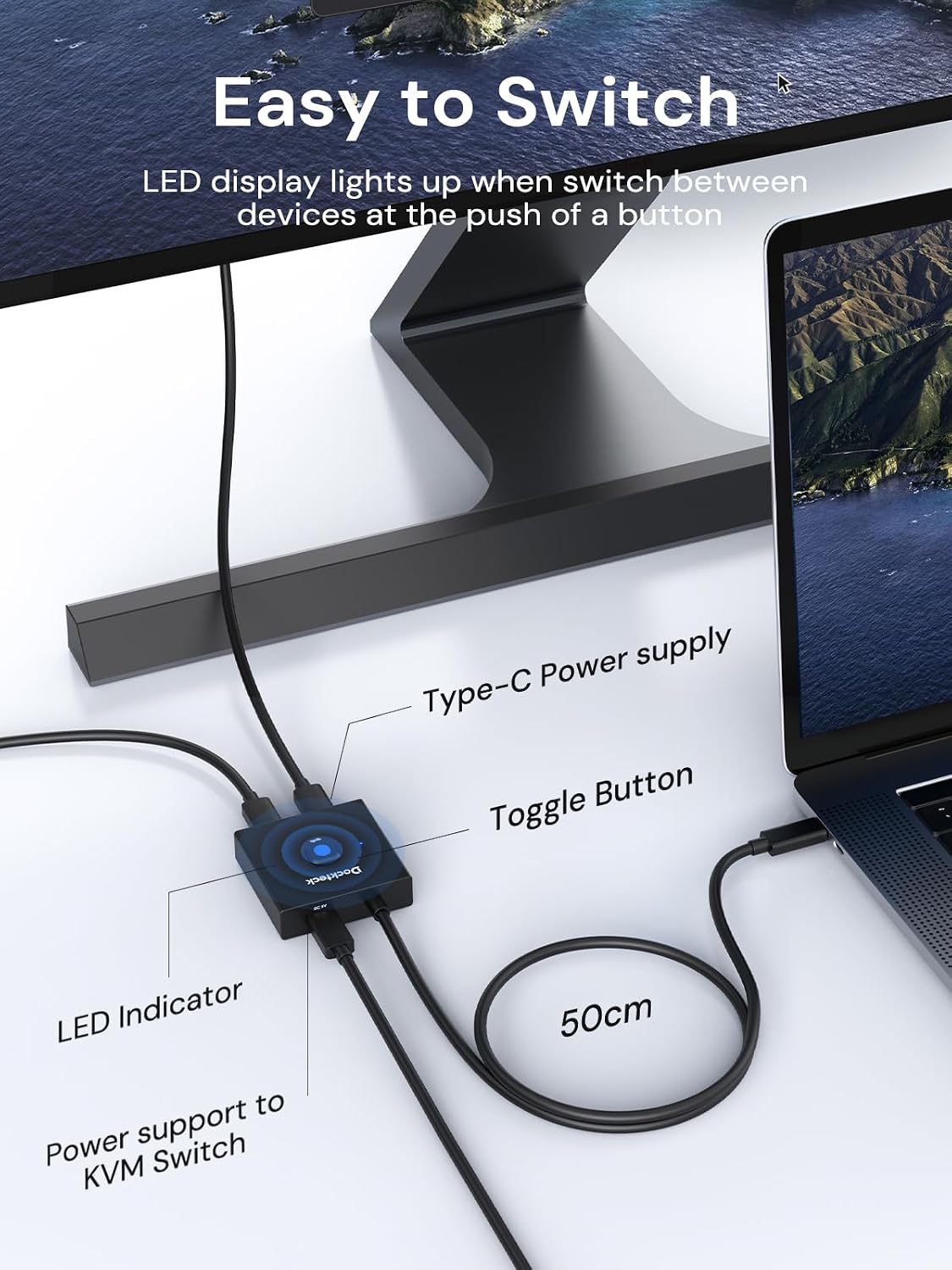 Interruptor USB C, conmutador bidireccional 1 en 2 salidas/2 en 1 salida, interruptor USB con 4K @60Hz, velocidad de transferencia de 10 Gbps, carga PD de 100 W, incluye dos cables USB-C de
