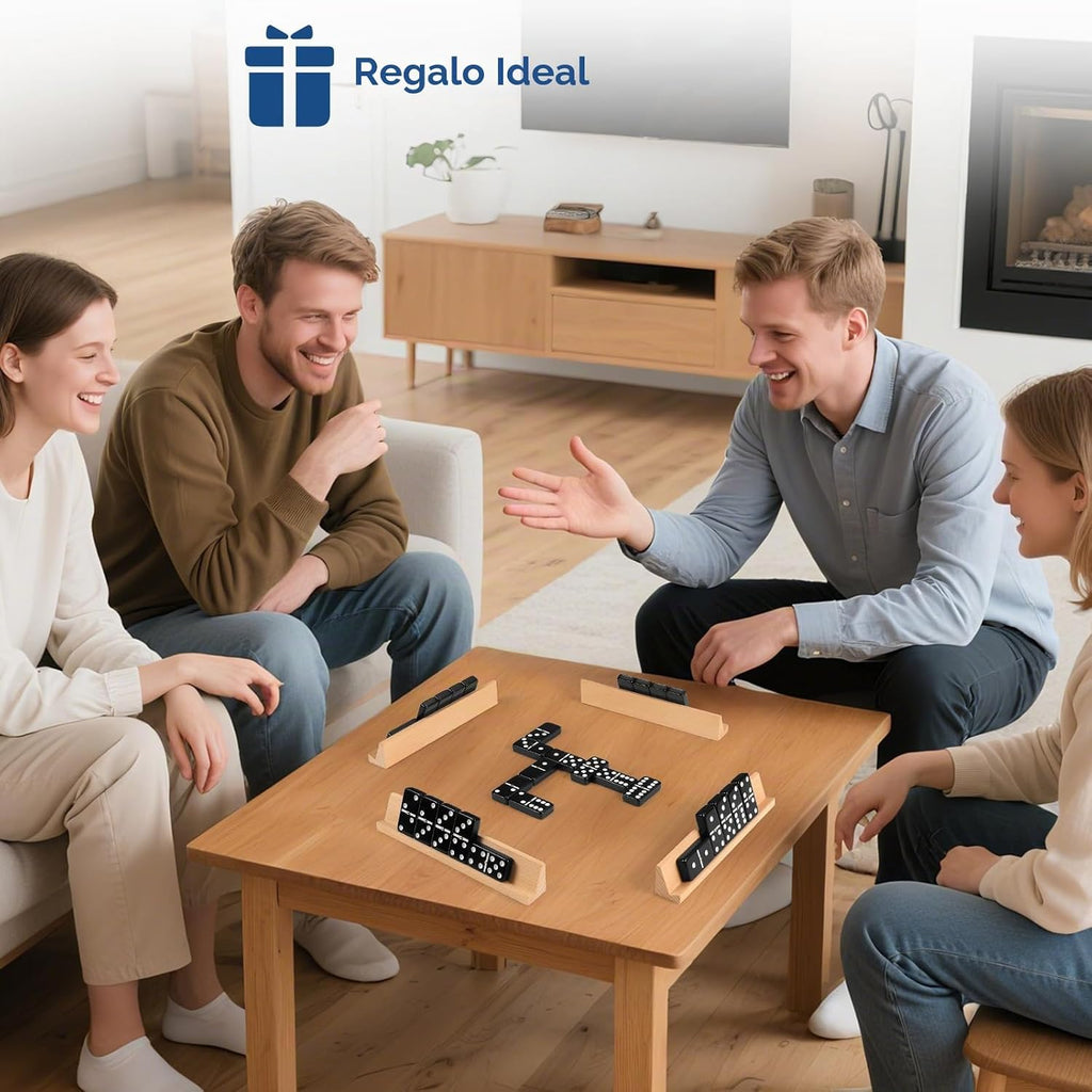 Juego de dominó jumbo para adultos con 4 bastidores de madera/bandejas, juego de viaje de 6 dominó dobles con funda portátil, juego de dominó doble de seis con 4 soportes para azulejos, juego de dominó de 28 azulejos para juegos de mesa familiares
