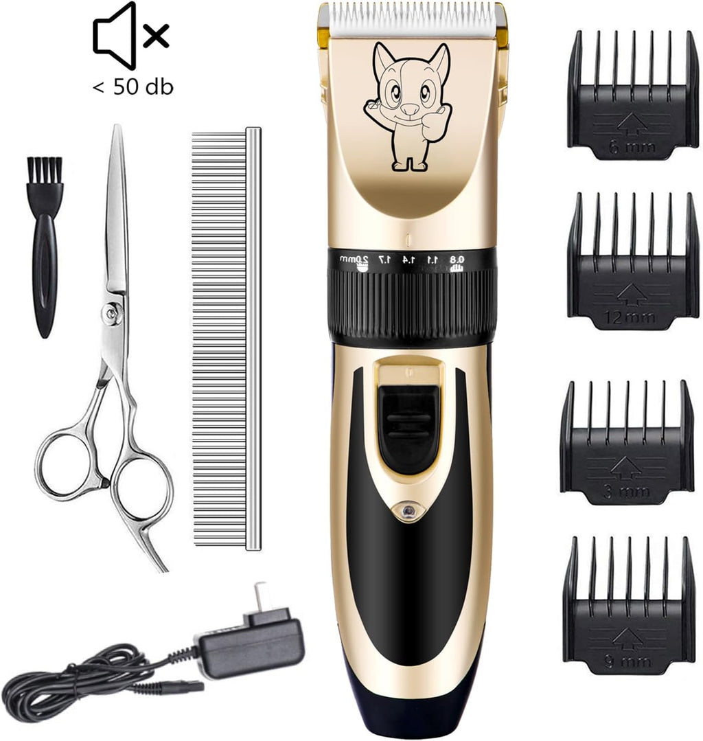 Highdas Cortapelos para perros para aseo de bajo ruido, kit eléctrico inalámbrico de aseo para perros, recargable, afeitadora silenciosa para perros, kit de recortadora de pelo de mascotas para perros y gatos (dorado)