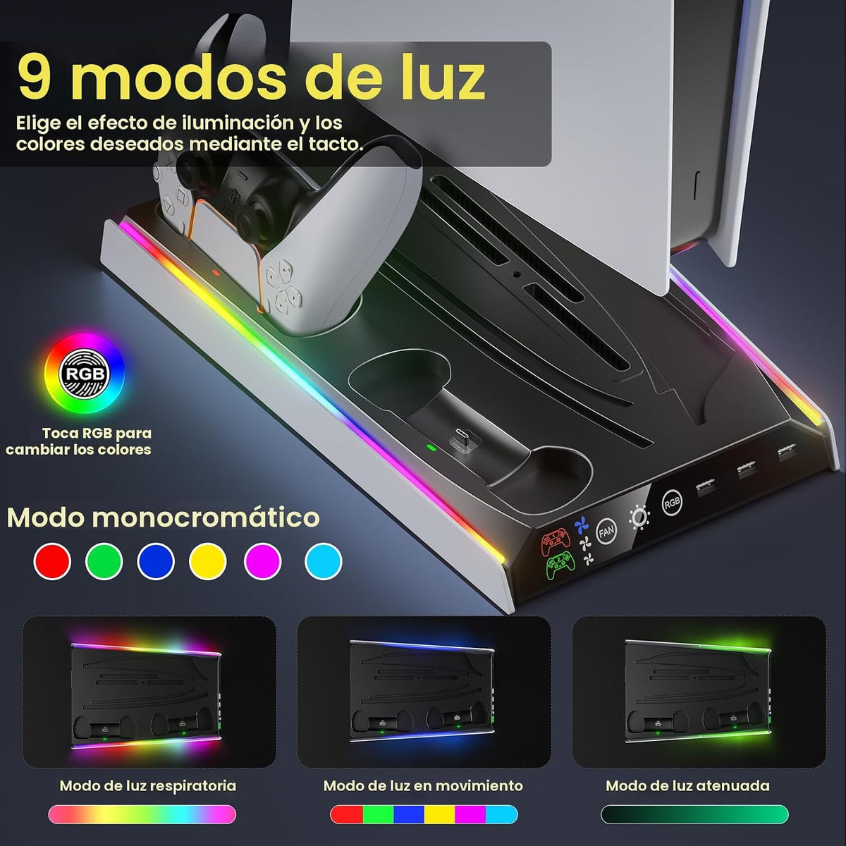 Soporte PS5/PS5 Slim/Pro con ventilador de enfriamiento ajustable, soporte de enfriamiento PS5 para PS5/PS5 Slim/Pro, estación de enfriamiento PS5 con cargadores de controlador dual y luz