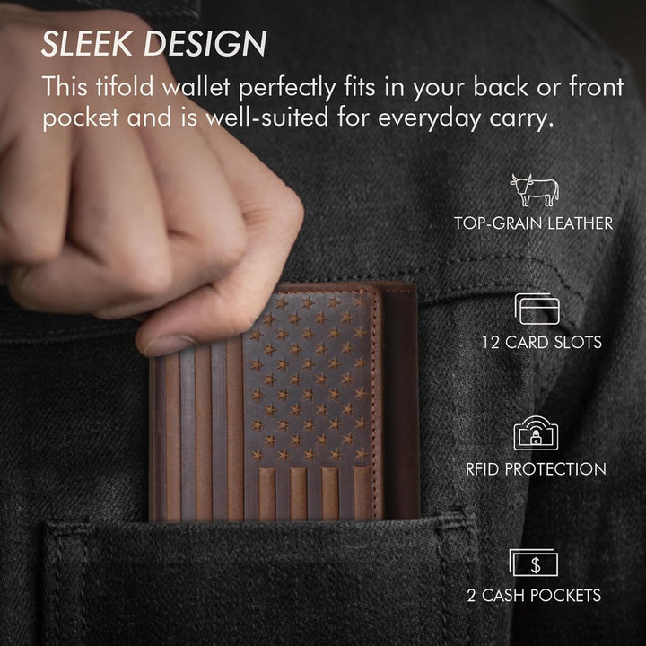 Pefiam Cartera de tres pliegues para hombre de cuero con bloqueo RF...